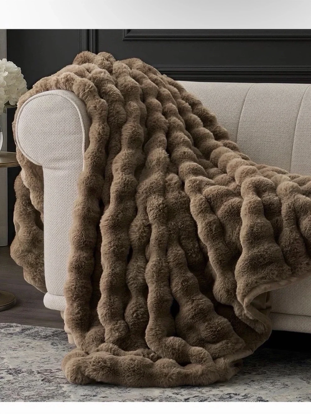 Sumptuous Taupe Faux Fur Throw Blanket - Luxury Cozy Layer